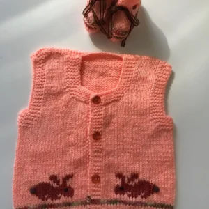 Somon Rengi Tavşanlı El Örgüsü Yelek ve Patik - Görsel 3